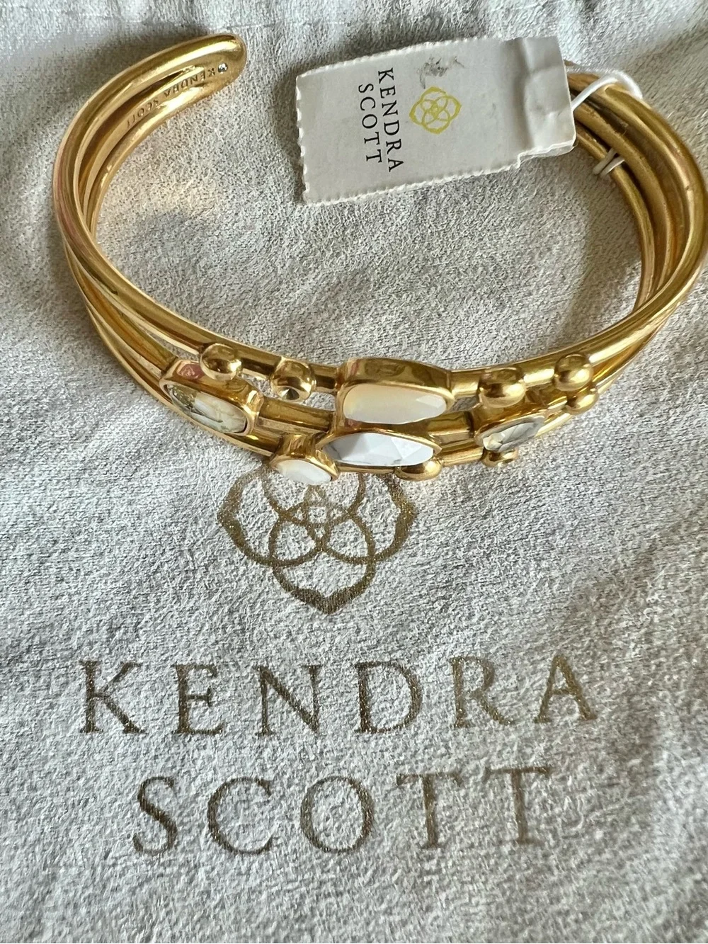 Kendra Scott Ivy Vintage Gold Open Cuff Bangle Bracelet in White Mix